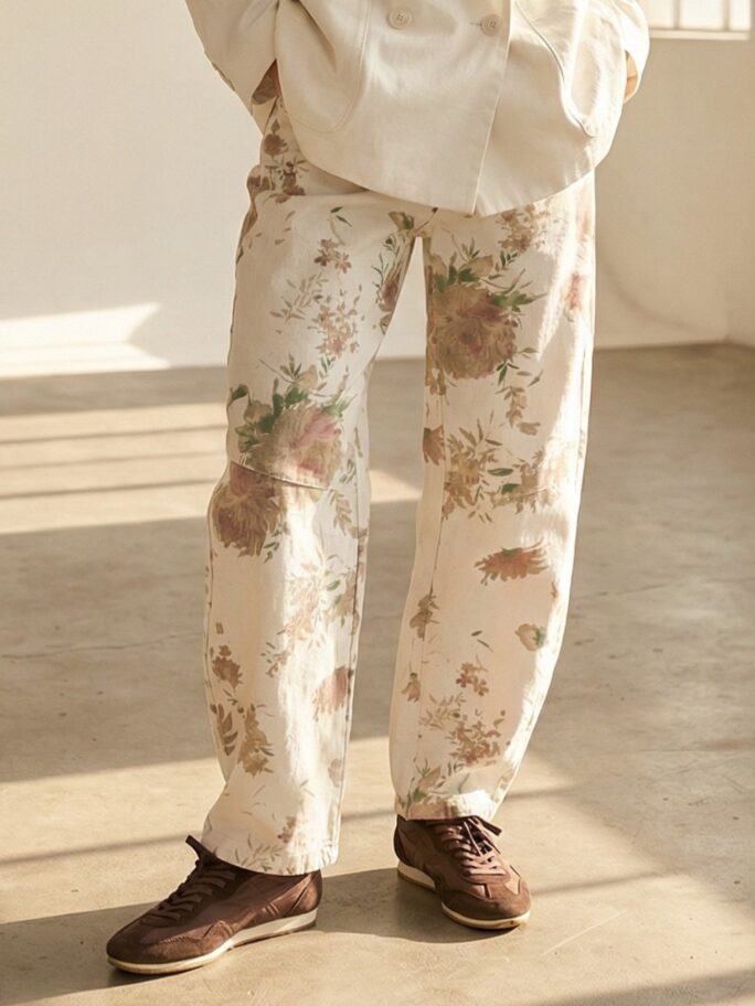 Valged lilledega balloonlõikelised teksapüksid